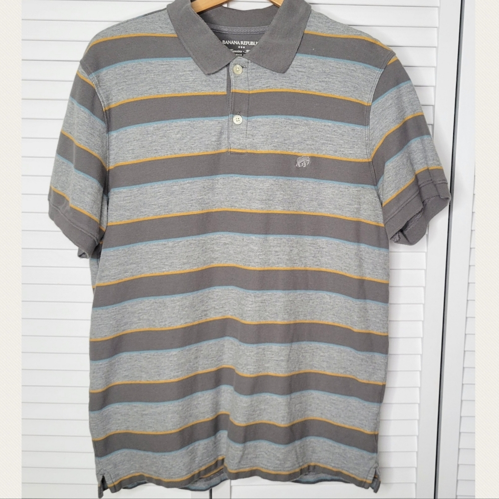 Banana Republic Gray Striped Cotton Short Sleeve Polo Shirt Men's large - Picture 2 of 5